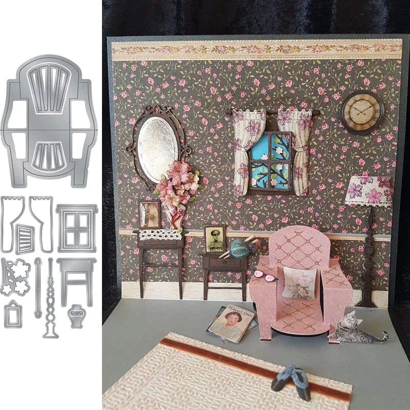 

Bedroom Chair Desk Window Mirror 3D Metal Cutting Dies for Scrapbooking 2019 Paper Craft Embossing Die Card Making Stencils