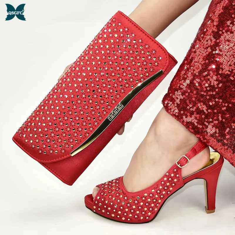 

New Fashion Red Color Noble Shoe and Bag Set for Party In Women Luxury Shoes Women Designers Nigerian Party Pumps with Purse