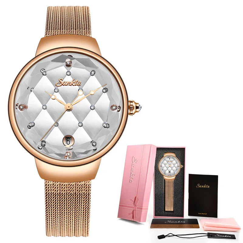 Rose gold white SUNKTA, новинка, женские модные золотые кварцевые часы, женские повседневные водонепроницаемые простые наручные часы, подарок для девушек, жены, Saat Relogio Feminino - Цвет: Rose gold white