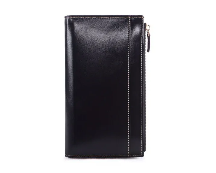 

Classic wax leather long purse women solid wallet folder card holder