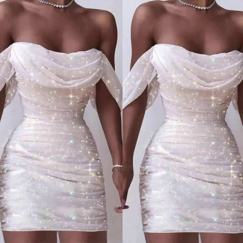 Женское вечернее платье макси с V-образным вырезом открытыми плечами и блестками