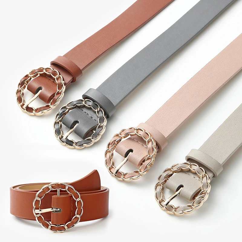 

Solid Color PULeather Belts For Women Metal Round Pin Buckle Waistband Ladies Girls Casual Streetwear Jeans Pants Waist Belt