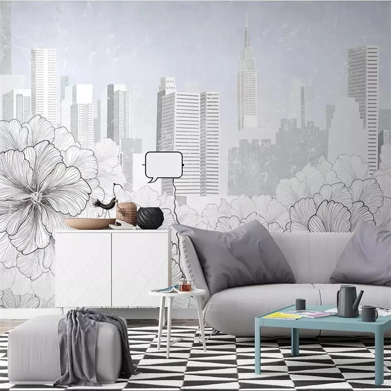 Customize Modern minimalist line drawing flower city architecture TV background wall painting custom large mural green wallpaper |