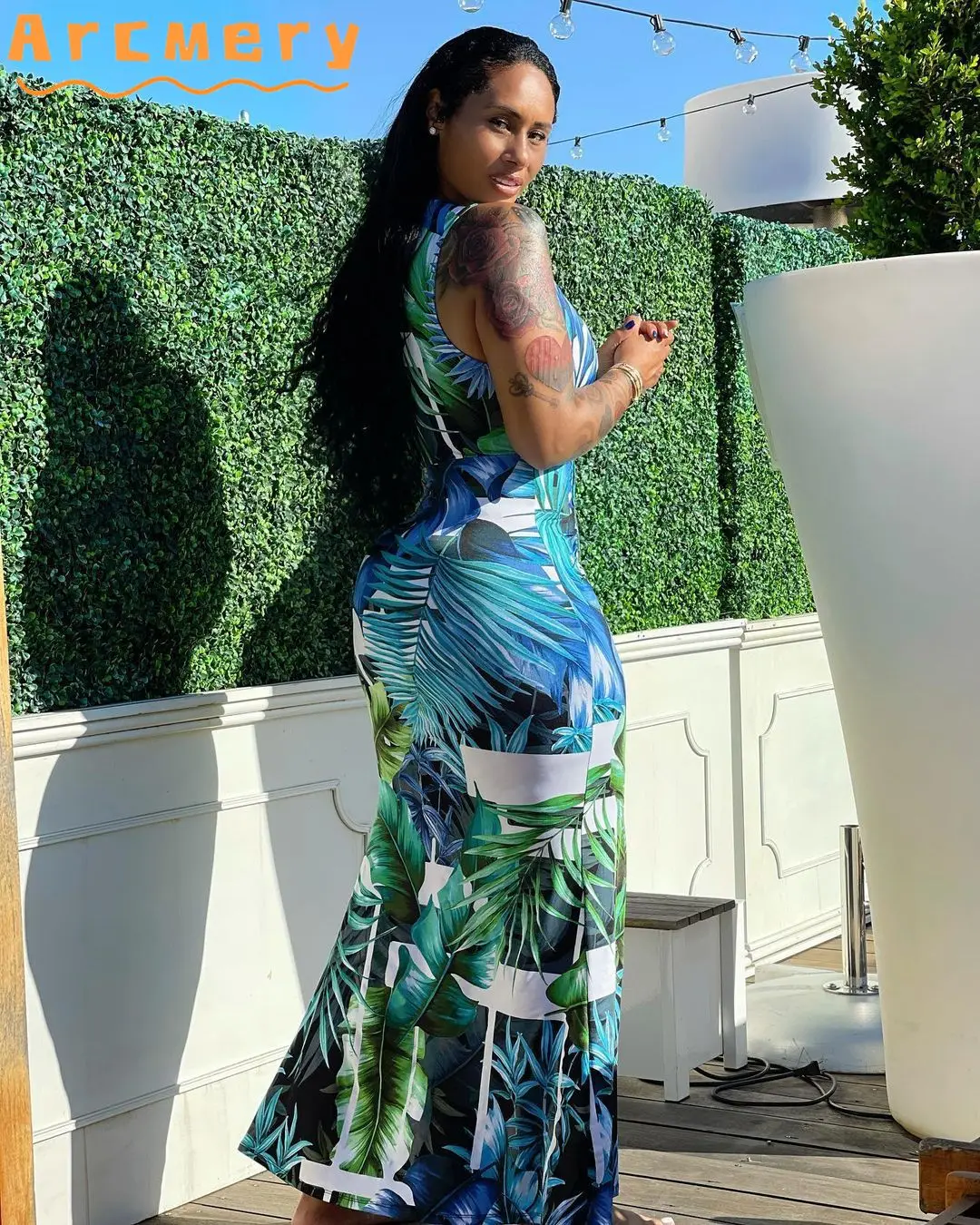 

Women Sleeveless Floral Printed V-neck Bodycon Maxi Dress