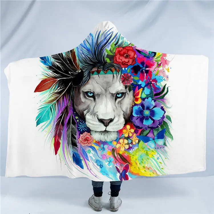 Lion Одеяло с капюшоном Lion by Pixie Cold Art для взрослых, шерстяное Флисовое одеяло с цветочным принтом 150x200 см - Цвет: Lion