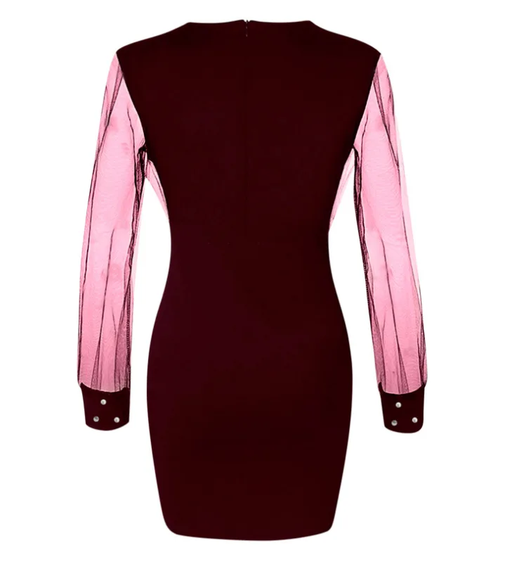 

European and American mesh stitching and beading slim sexy dress