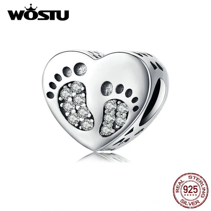 WOSTU натуральная 925 пробы серебряные следы сердце бусины циркониевые амулеты
