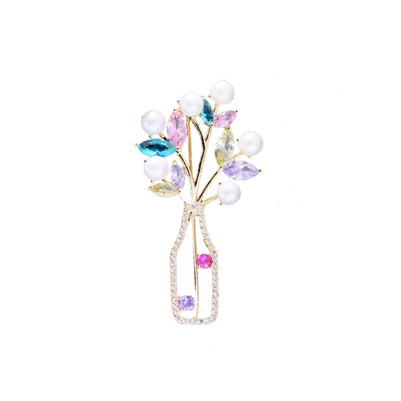 Женская Брошь в виде вазы с жемчугом Элегантная простым цирконием заколка для