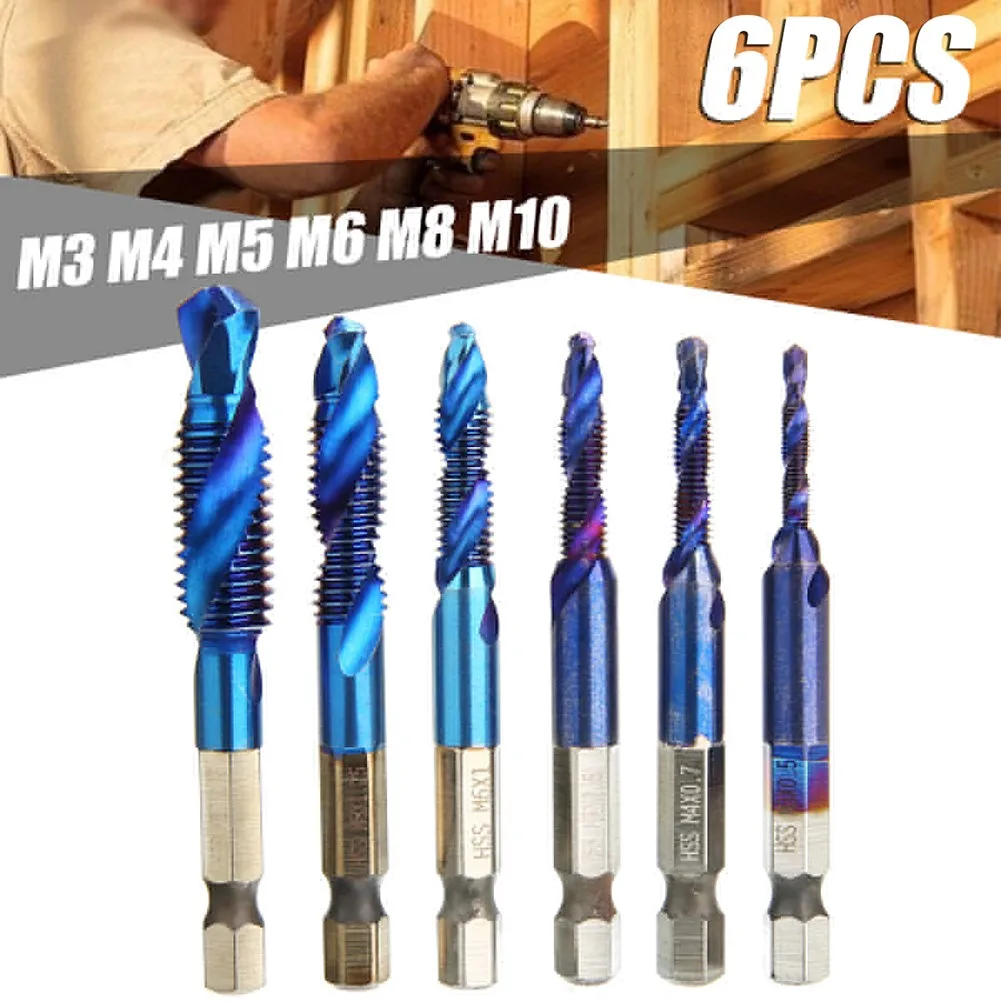 

6pcs M3-M10 Hex Shank Metric Thread Blue Plated Spiral HSS Tap Drill Bit Set 1/4 Inch/6.35mm Thread Taps Drill Bit