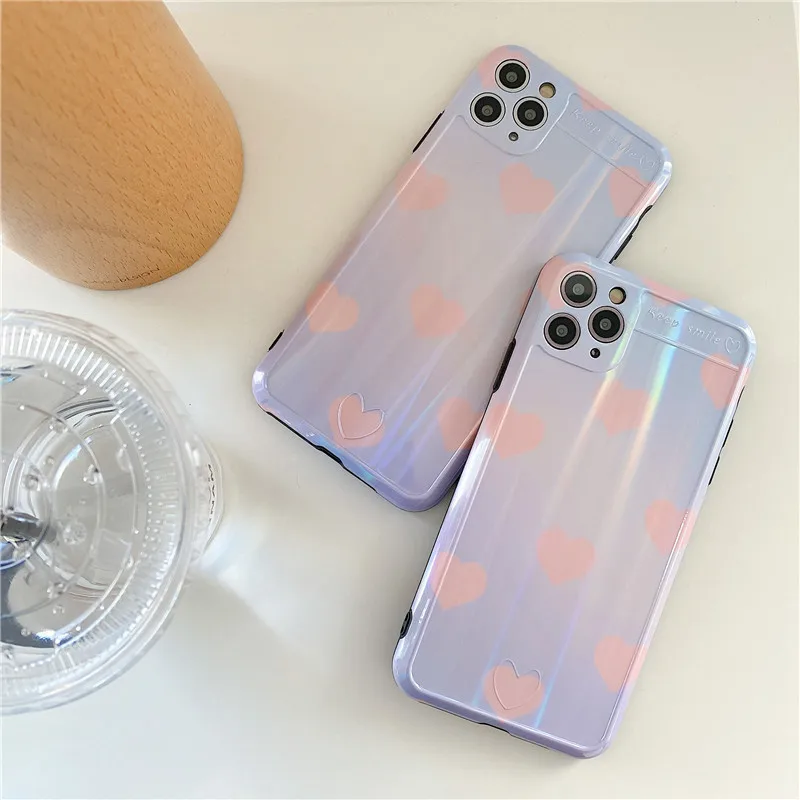 

Laser Love Heart Phone Case For iphone 11 Pro Max 7 8 plus X XR XS max SE 2020 Cover Fashion Aurora Cute Glossy Soft Cases Funda