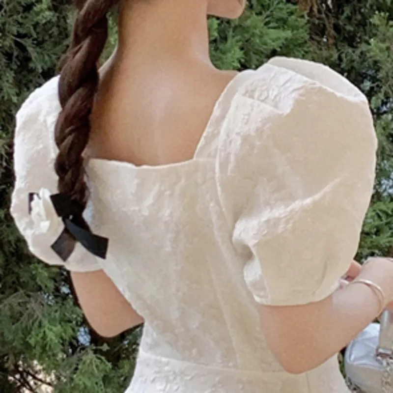 

Summer Women Sundress 2021 Vintage Jacquard Women White Black Mini Party Dresses Elegant Short Puff Sleeve Korean Vestidos Robe