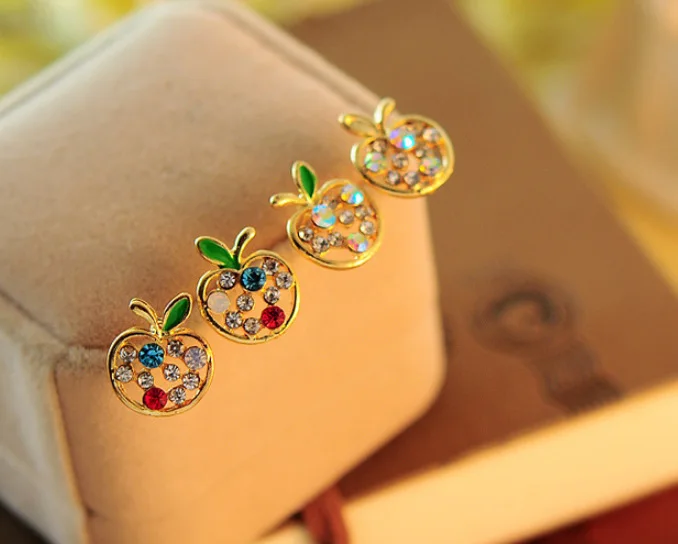 Корейские милые девушки Новый Модный Блестящий Кристалл Стразы милый Apple серьги