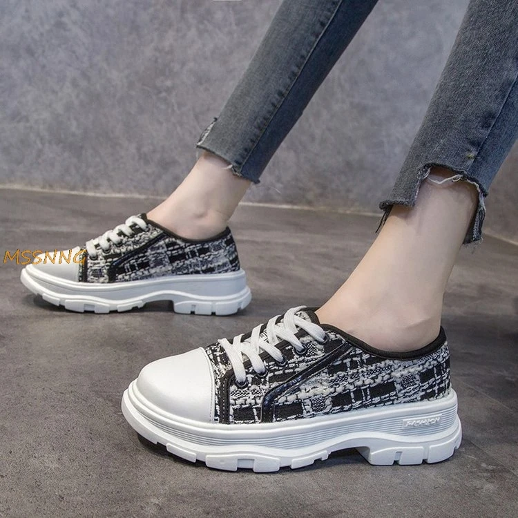 

LLOGAI Spring Autumn New Women's Vulcanized Shoes Lace-up Ladies Canvas White Shoes Fashion Round Head Platform Bottom Shoes