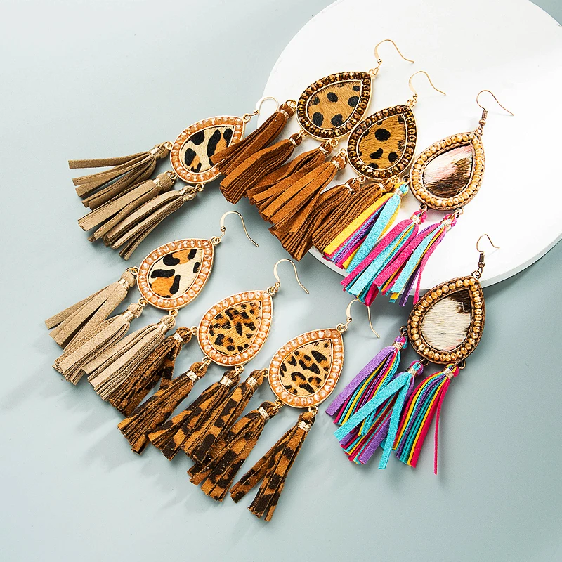 

4pcs Bohemia Hyperbole Alloy Waterdrop Multicolor Leopard Leather Tassels Dangle Earrings For Women