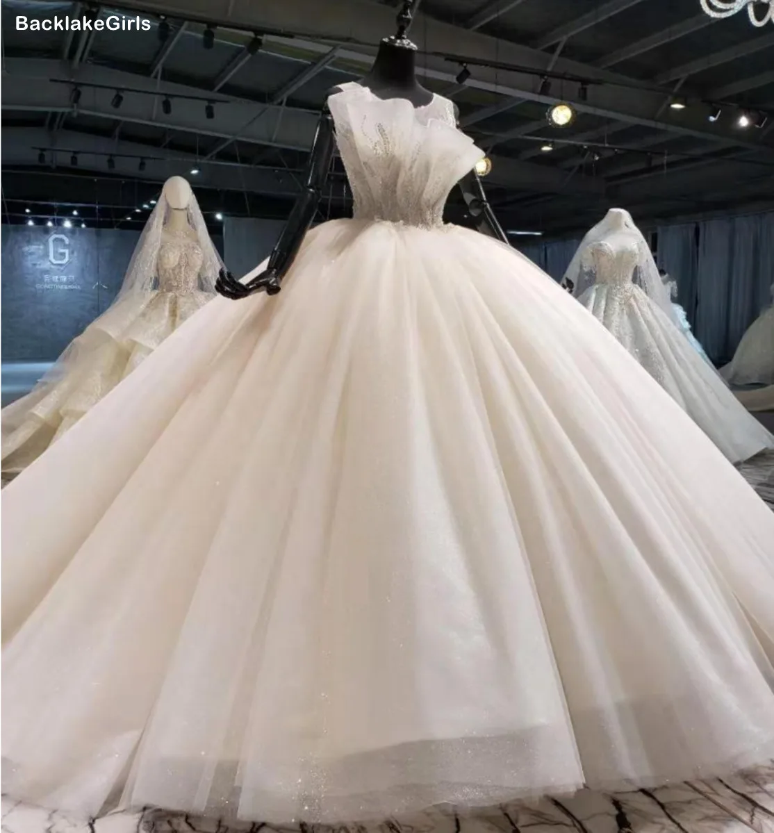 Boho Свадебное платье 2020 Новое блестящее роскошное бальное с круглым вырезом и