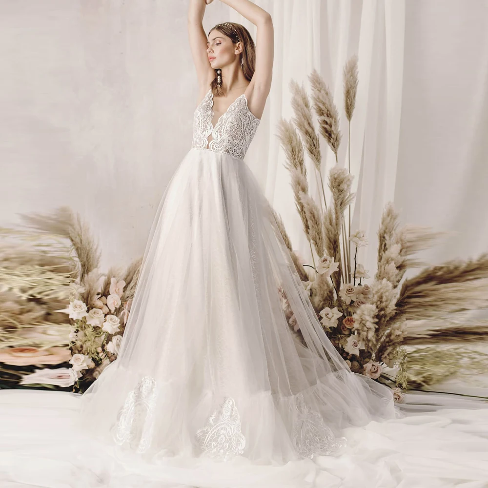 

Vestidos Sexy Wedding Dresses Tulle Lace Pleat V-Neck Spaghetti Straps Zipper A-Line Bridal Gowns Novia Do 2021