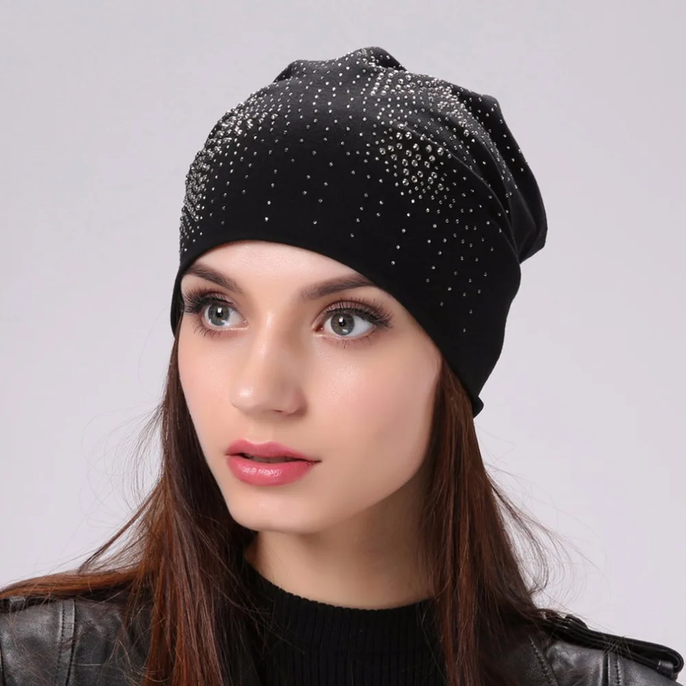 Geebro Brand Women's Beanie Hat Fashion Star Shine Rhinestones Beanies Skullies Caps For Ladies Female Casual Plain Bonnets |