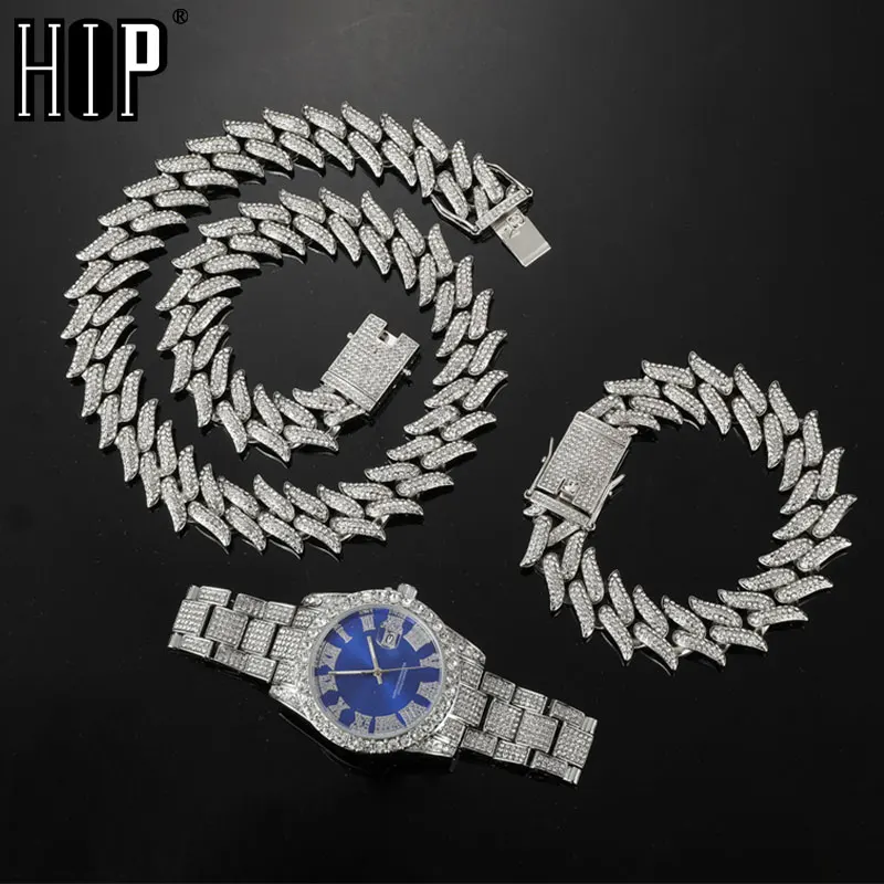 KIT de 3 uds. De reloj, collar, pulsera, cadenas de Eslabón cubano, estrás de aleación con diamantes de imitación, ostentosos, estilo Hip Hop, 19MM