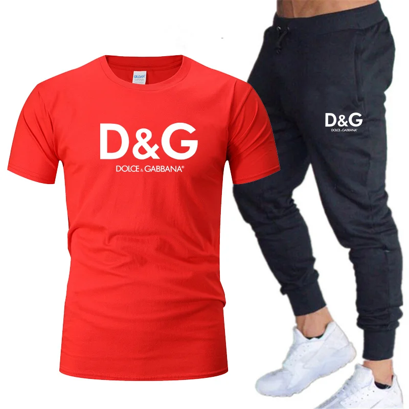 

Spring And Summer Men's Printed Round Collar Fitness Exercise Jogging Short Sleeve + Sports Pants Suit