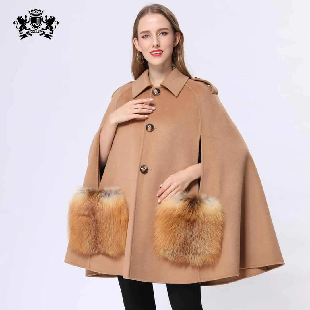 

Janefur Women Poncho Wool Coat Real Fox Fur Pocket Cape Shawl Female Fashion Clothes Autumn Capes Coat Ladies Bat Sleeve Outwear