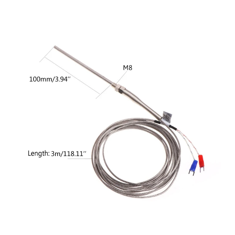 

3m/10ft K type Thermocouple 100mm Probe Stainless Steel High Temperature Sensor