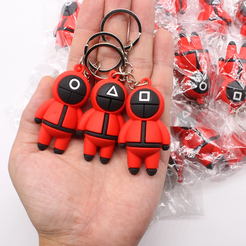 

Korean TV Squid Game Keychain Cosplay Soldier Figurine Key Ring Car Backpack Pendant Triangle Charms Key Chain For Kids Toy Gift
