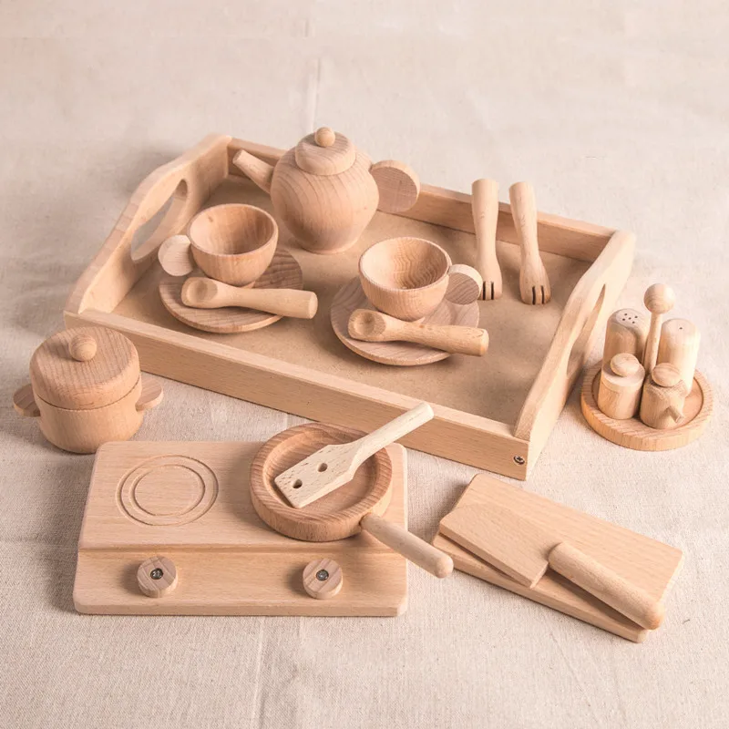 

Western-style Play House Simulation Children Girl Boy Toy Pure Wooden Kitchen Tableware Log Tea Set Set Early Education Toy Set
