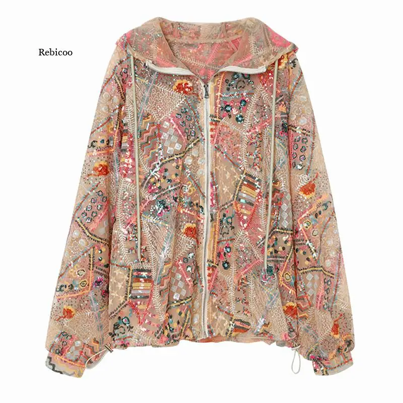 

Summer Women's Loose Casual Sequin Embroidery Hooded Coats Lace Straight Long Sleeve High Quality Cardigan Jacket Outerwear