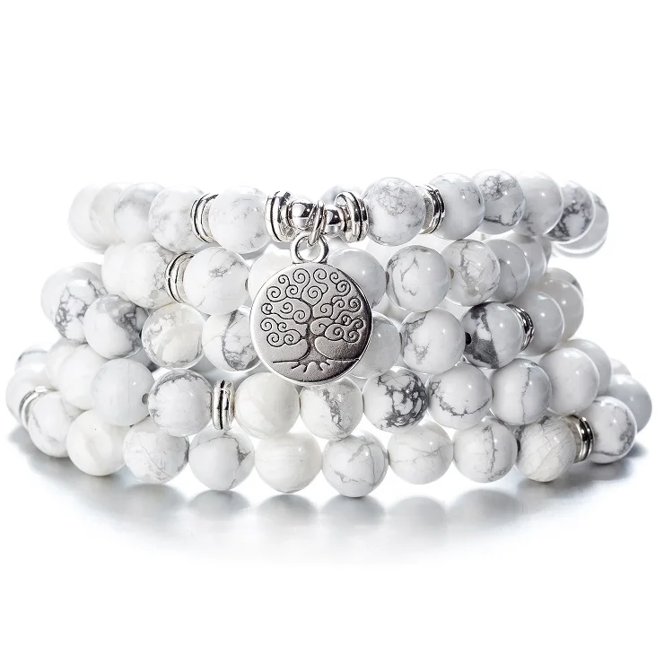 howlite tree 108 бусы натуральные камни Мала Будда Лотос дерево чакра Йога пара очарованные эластичные браслеты - Окраска металла: howlite tree