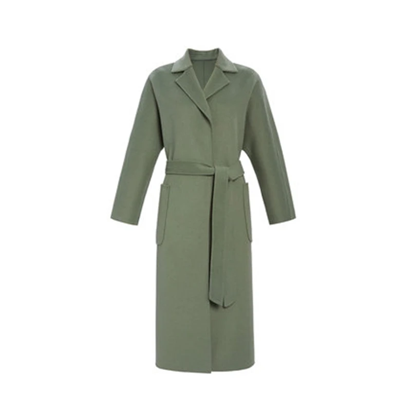Autumn Spring Women V-Neck A-Line Two-Sided 100% Wool Coat 2020 New Slim Double Breasted Belt Female Fashion Overcoat | Женская одежда