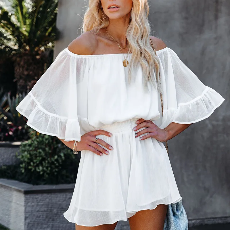 

Summer Off Shoulder Ruffles Women's Playsuits Solid Flared Sleeves Elastic Waist Female Playsuit 2021 Fashion Loose Lady Rompers