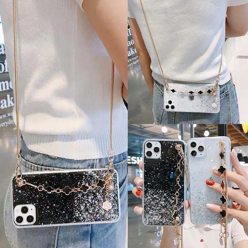

For Apple iPhone 11 12 Pro Max mini SE 2020 X XS Max 7 8 Plus Case Luxury Four-leaf clover bracelet messenger bag phone case
