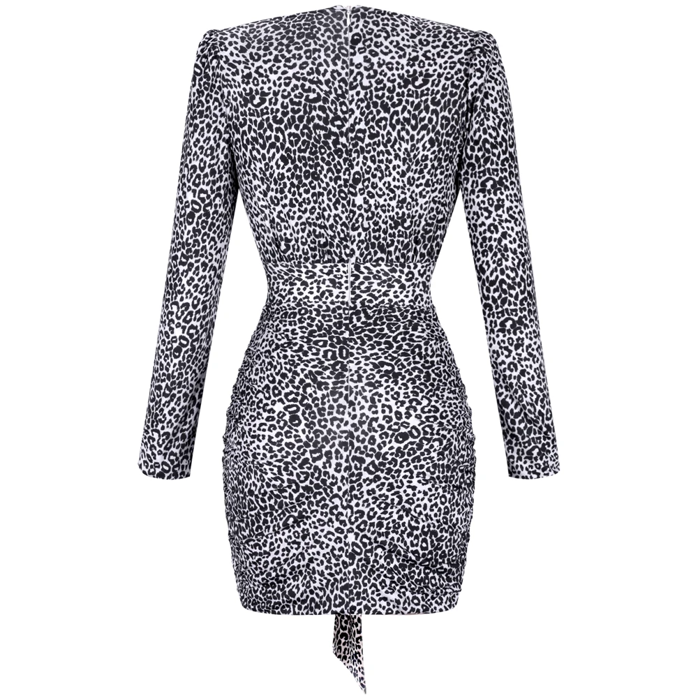 Ocstrade черный V шеи с длинным рукавом Мини Леопард Bodycon платье HI1060-Black