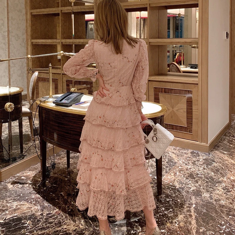 Женское длинное кружевное платье элегантное розовое принцессы с вышивкой и