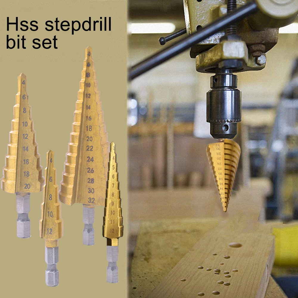 

4Pcs HSS Titanium Coated Step Drill Bit Metal High Speed Steel Hole Cutter Cone Drills Straight Groove Wood Drilling Power Tools