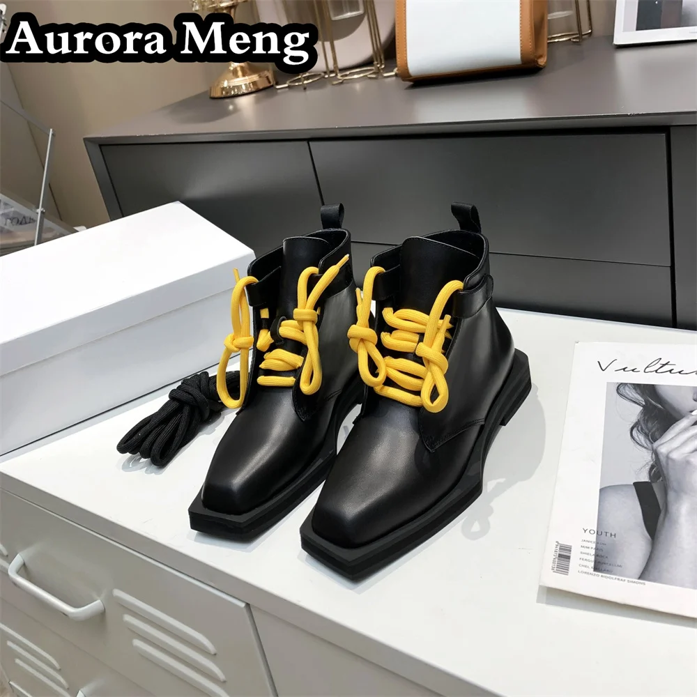 

Женские ботильоны из натуральной кожи, на шнуровке, с квадратным носком, большие размеры до 41