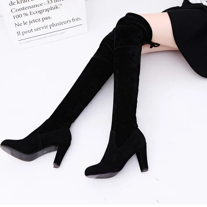 

Women's Winter High Boots Fashion Flock Knee High Boots Women Knight Boots Black Thick High Heels Zipper Round Toe Ladies Shoes