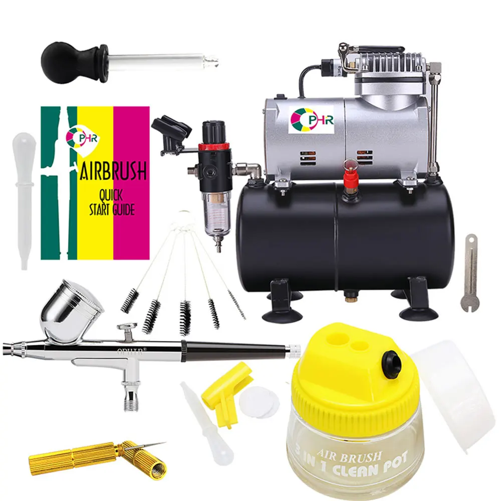OPHIR Pro Dual Action Airbrush Kit Air Tank Compressor for T-shirt Painting Hobby with Cleaning Brush  110V,220V AC090+004
