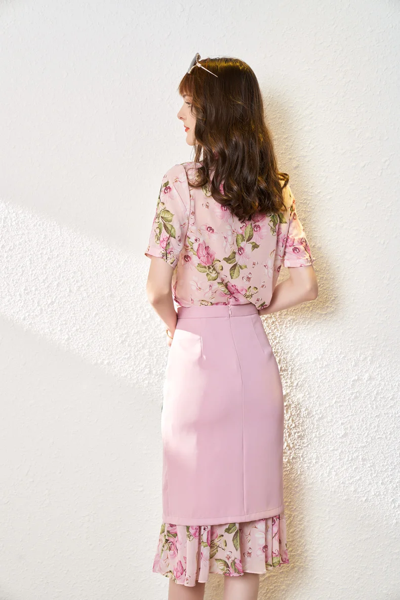 

Women Runway Twinsets Dress Bow Collar Long Sleeves Floral Printed Shirt with Pencil Ruffles Pachwork Skirt Two Piece Sets