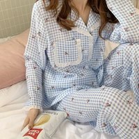 pajamas set for women plaid cherry print sleepwear lapel lace pijama female loungewear long sleeve autumn pyjamas suit