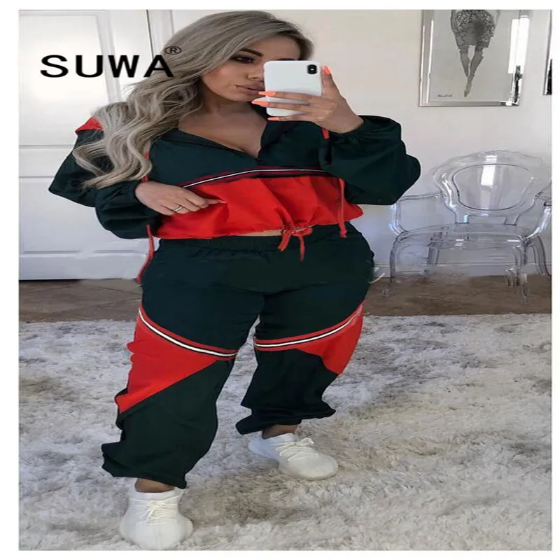 

Костюм спортивный женский красный/черный в полоску, костюм для бега в стиле пэчворк, комплект из 2 предметов, верхняя одежда, мешковатые брюк...