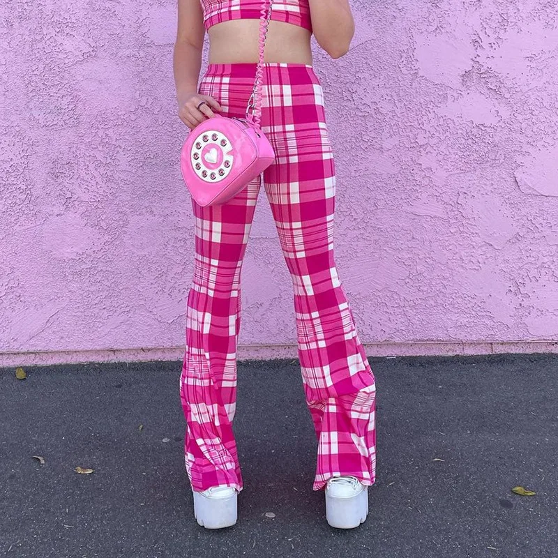 

2021 Pink Girl Irregular Plaid Stitching Printing Hip-lifting Stretch Pants Straight Leg Women Retro Micro-flap Pants Streetwear