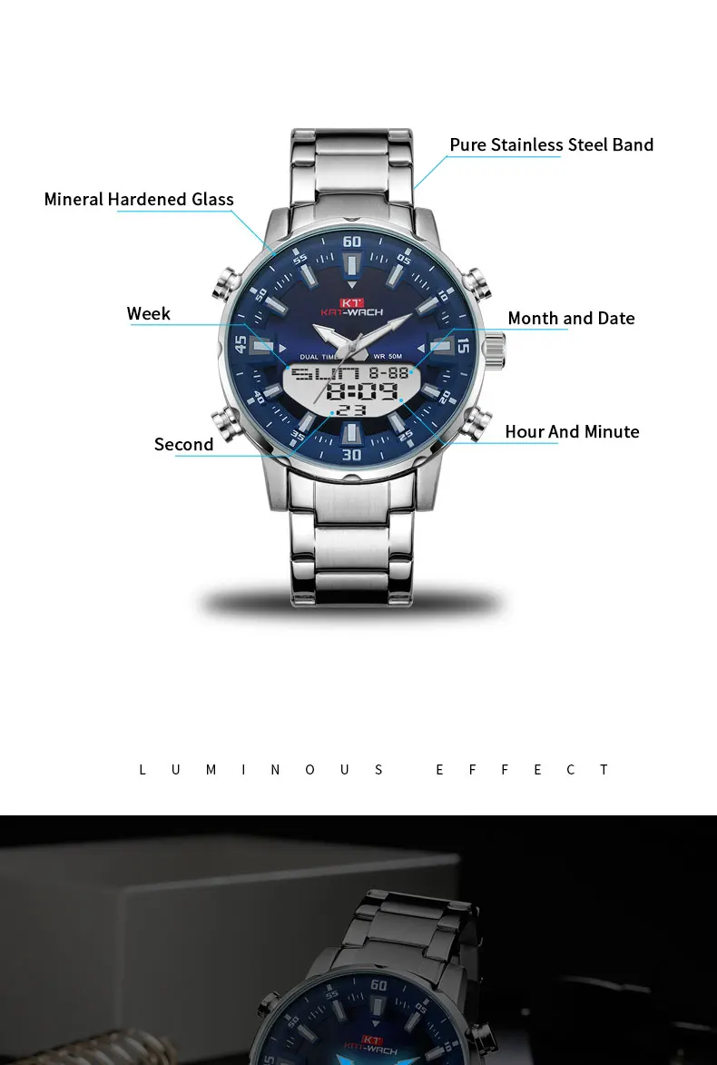 KT New Mens Watches with Stainless Steel Dual Display Waterproof 3D Dial Analog Digital Chronograph Male Sport Style KT1815