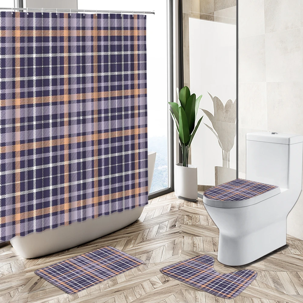 Prezzo Elegante Tenda Da Doccia Con Stampa A Strisce Reticolari Geometriche Set Da Bagno Semplice In Stile Europeo Set Copriwater Antiscivolo Con Piedistallo