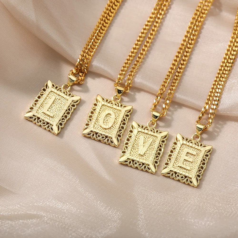 

Initial Capital A-Z Letter Square Pendant Necklaces For Women Stainless Steel Cuban Chain Choker Necklace Birthday Jewelry
