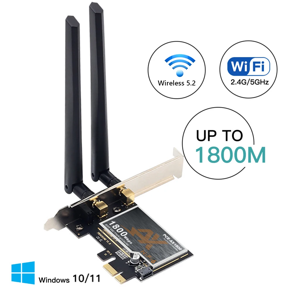 

PCE-AX1800 Bluetooth 5,2 WiFi 6 Адаптер 2,4G/5 ГГц Двухдиапазонная сетевая карта для Windows 10/11 для Intel 1800 Мбит/с PCI-E Беспроводная