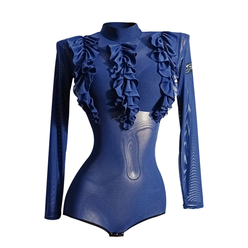 

Women's national standard dance one-piece tops mesh long-sleeved Ballroom dance leotad modern Latin top