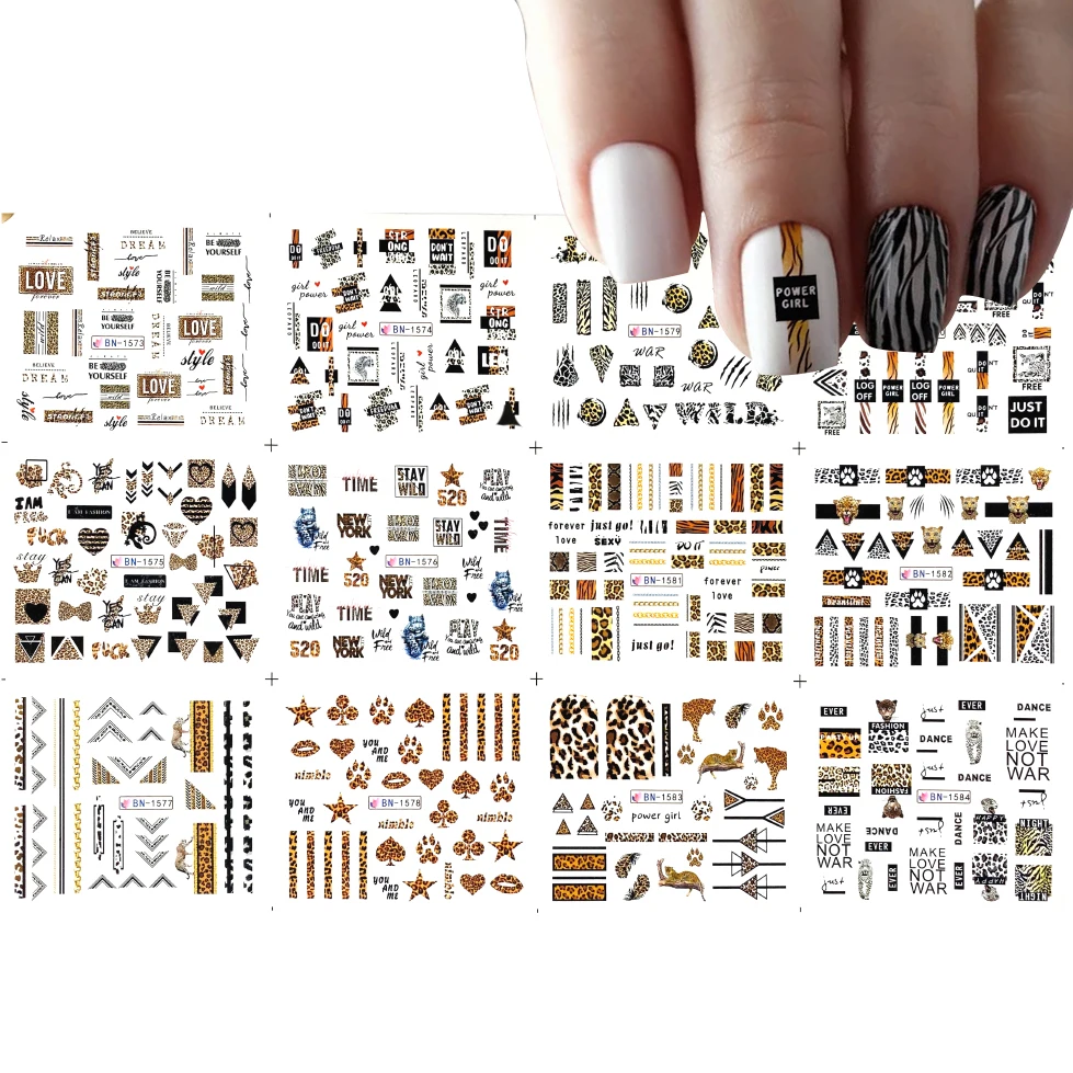 

12pcs yellow Wild leopard Nail Art Water Transfer Stickers Decals Animal Set Holographic Design Adhesive Wraps Decor Manicure