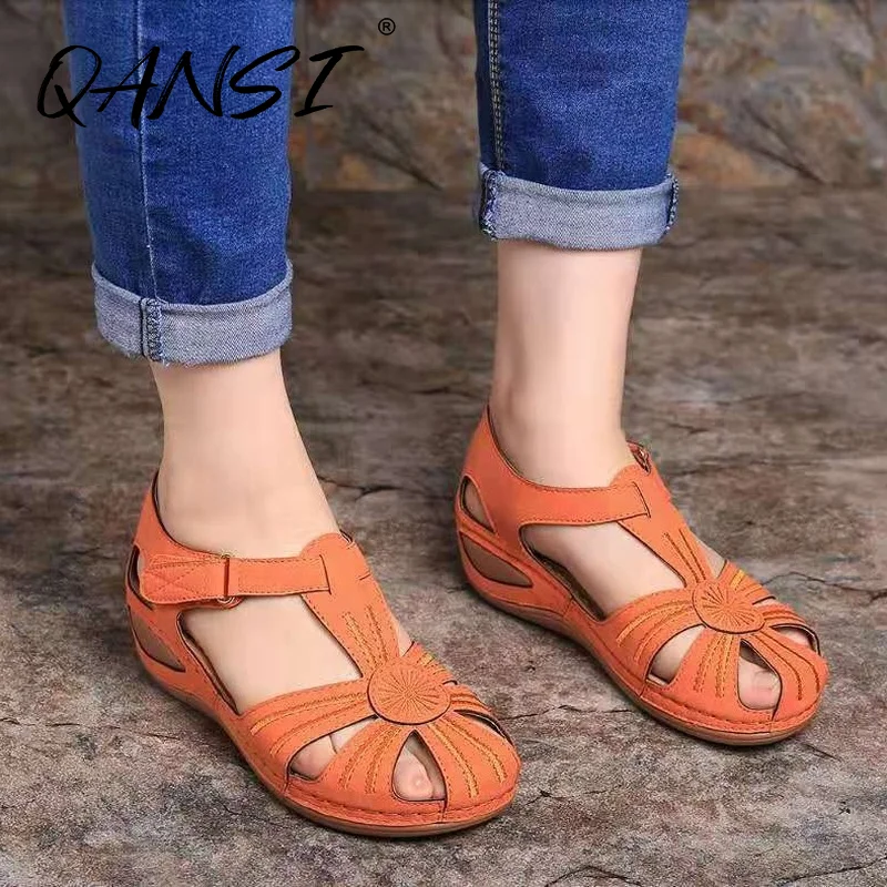 

Summer Casual Slope Heel Hollow Out Hook and Loop Women's Roman Shoes Fashion Comfortable Outdoor Non-slip Beach Women Sandals