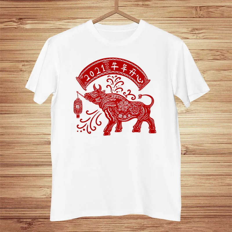 

New Chinese year of the ox paper-cut window grill style Men t-shirt Summer Fashion Women's t-shirts Comfortable 100% cotton